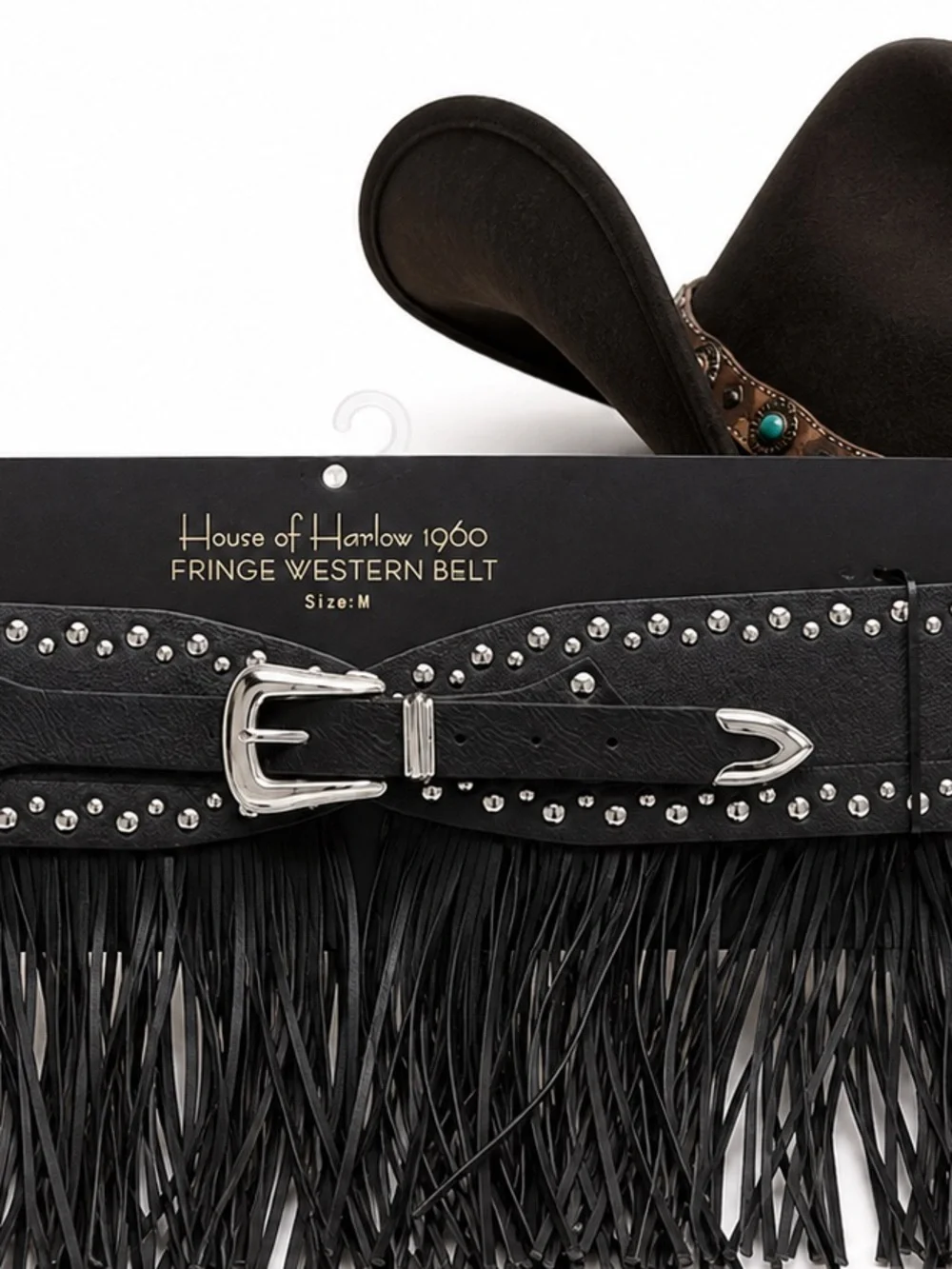 House of Harlow 1960 Black Fringe Belt Studded Boho Western Hippie Chic sz L